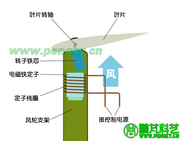 背风侧叶片在风力与磁力作用下偏转示意图